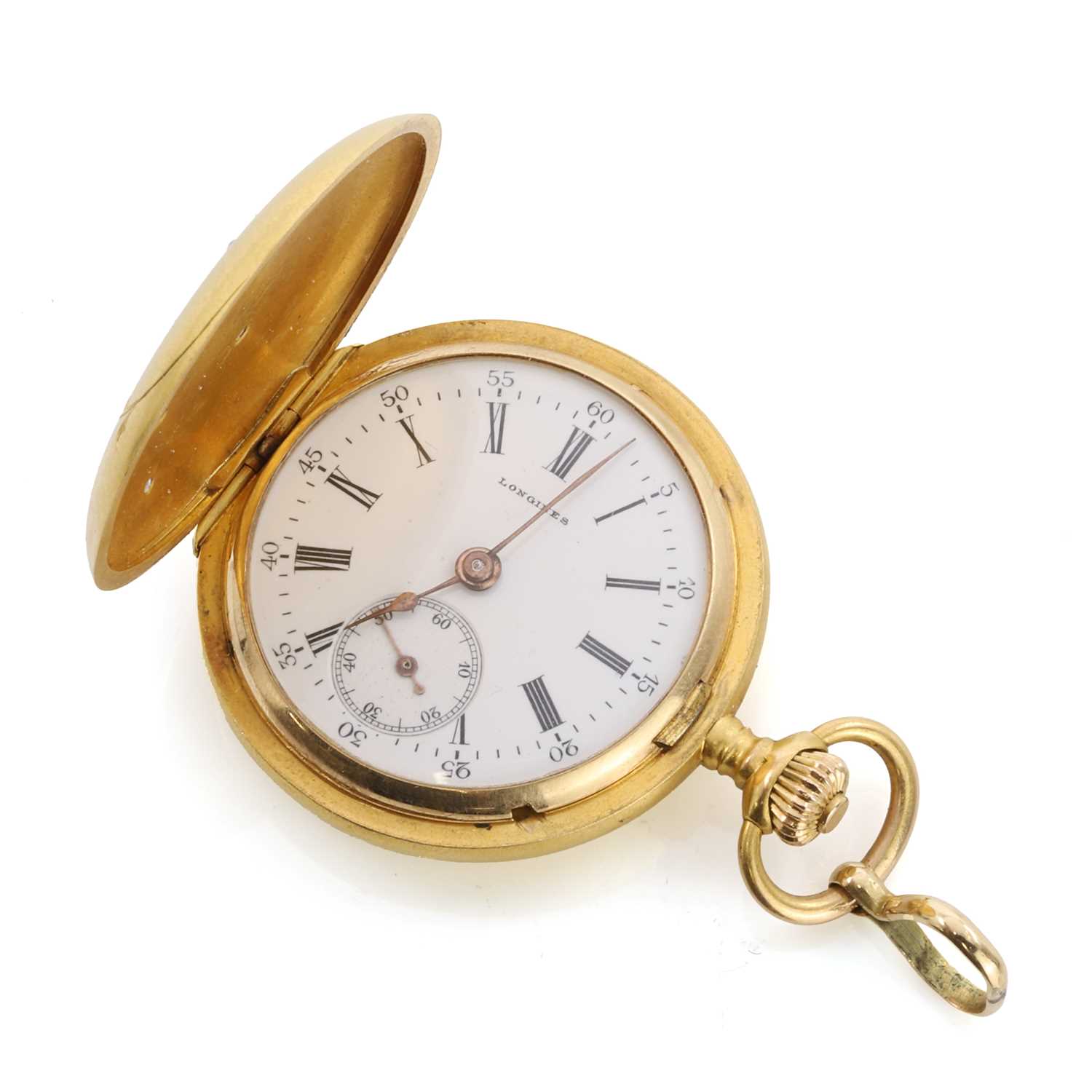 Lot 545 - An 18ct gold diamond set side wind hunter fob watch, by Longines