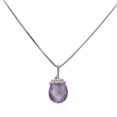 Lot 132 - An 18ct white gold diamond and amethyst pendant and chain