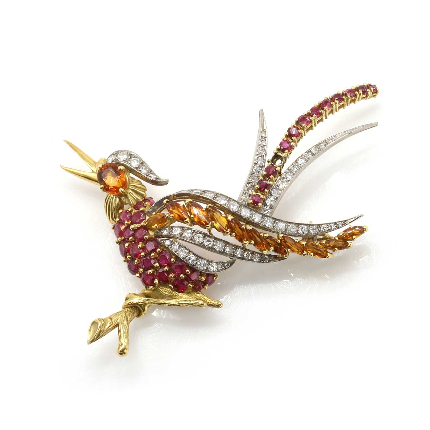 Lot 161 - An 18ct gold multi gem and diamond bird brooch