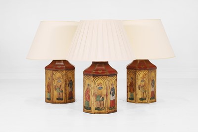Lot 415 - Three Regency-style painted and parcel-gilt toleware tea canister lamps