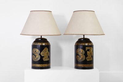 Lot 63 - A pair of painted toleware tea canister table lamps