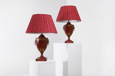 Lot 362 - A pair of Regency-style toleware lamps