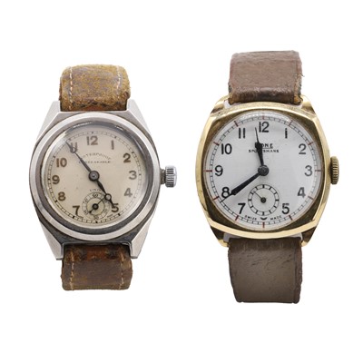 Lot 583 - A 9ct gold mechanical strap watch and a stainless steel mechanical strap watch