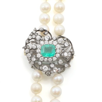 Lot 47 - An emerald, diamond and cultured pearl necklace, c.1890-1900 and later