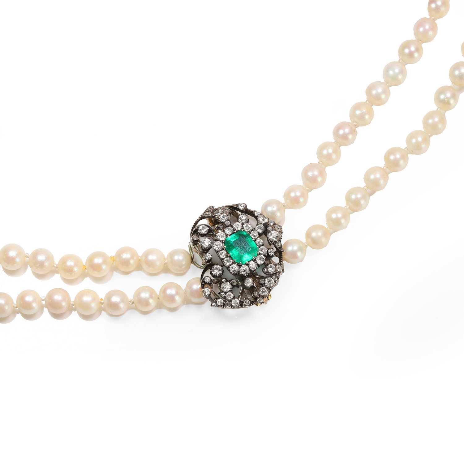 Lot 47 - An emerald, diamond and cultured pearl necklace, c.1890-1900 and later