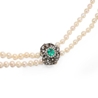 Lot 47 - An emerald, diamond and cultured pearl necklace, c.1890-1900 and later
