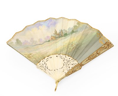 Lot 323 - A hand painted silk and bone fan