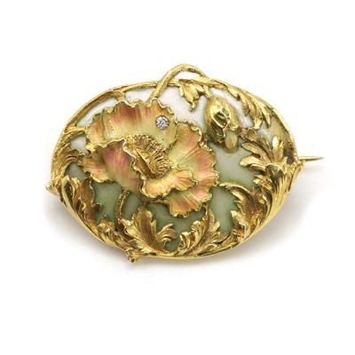 Lot 46 - An Art Nouveau gold, plique-à-jour enamel and diamond brooch, by Albert Chambin, c.1900
