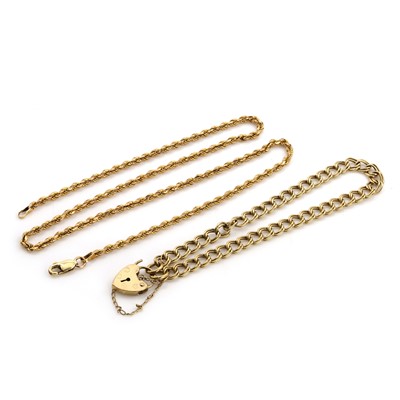 Lot 304 - A 9ct yellow gold bracelet and a 9ct gold rope twist chain.