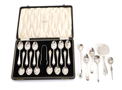 Lot 43 - Twelve silver teaspoons with tongs
