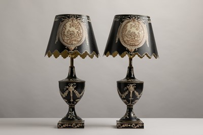 Lot 94 - A pair of painted toleware table lamps