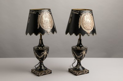 Lot 94 - A pair of painted toleware table lamps
