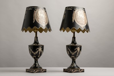 Lot 94 - A pair of painted toleware table lamps