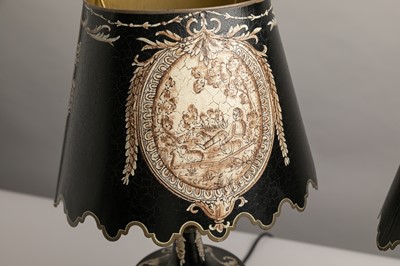 Lot 94 - A pair of painted toleware table lamps
