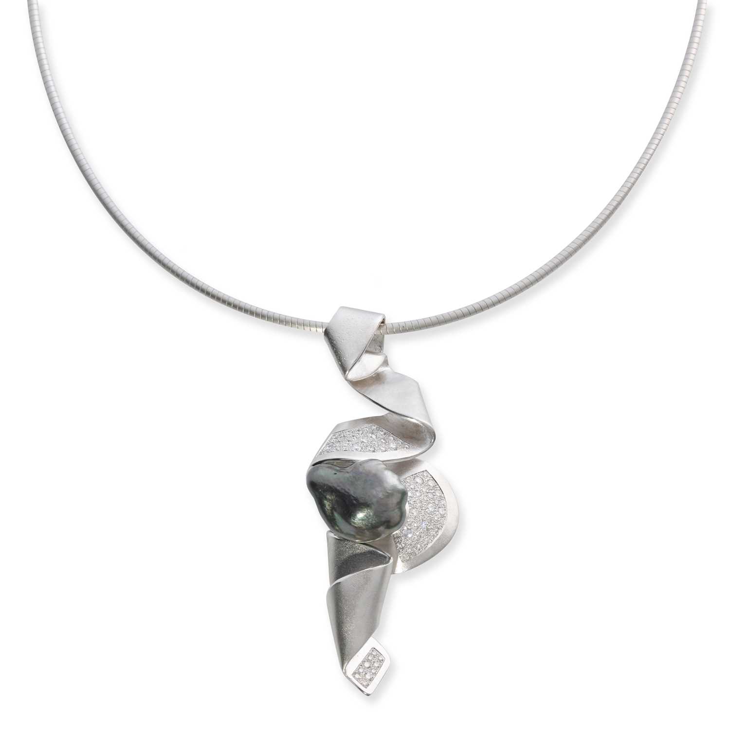 Lot 267 - Ken Bolan and Marinette Domon: a diamond and Tahitian pearl 'Baroque' pendant necklace
