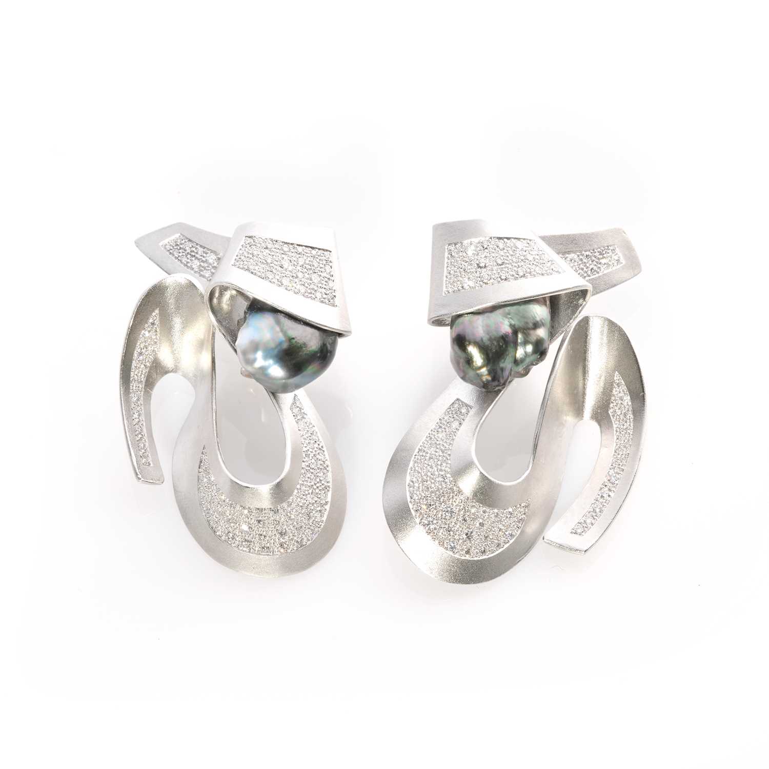 Lot 262 - Ken Bolan and Marinette Domon: a pair of diamond and Tahitian pearl 'Baroque' earrings