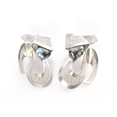 Lot 262 - Ken Bolan and Marinette Domon: a pair of diamond and Tahitian pearl 'Baroque' earrings