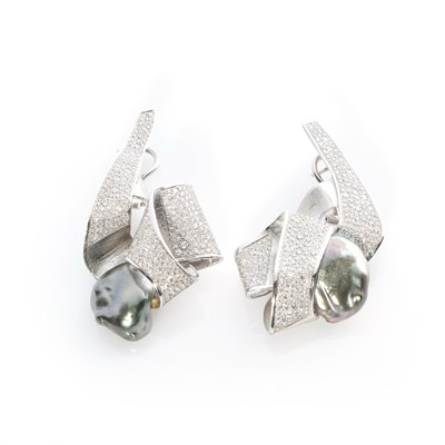 Lot 268 - Ken Bolan and Marinette Domon: a pair of diamond and Tahitian pearl 'Baroque' earrings