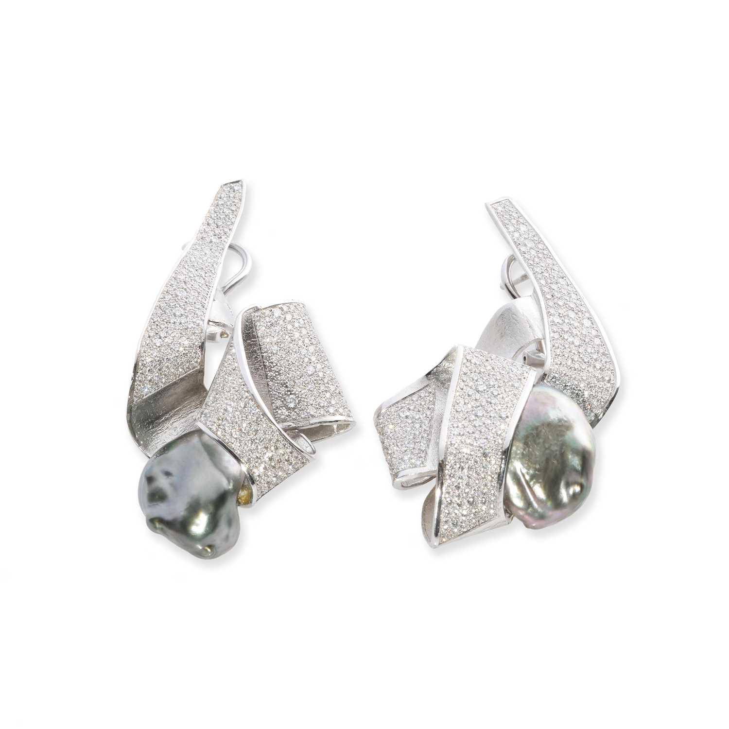 Lot 268 - Ken Bolan and Marinette Domon: a pair of diamond and Tahitian pearl 'Baroque' earrings