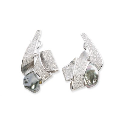 Lot 268 - Ken Bolan and Marinette Domon: a pair of diamond and Tahitian pearl 'Baroque' earrings