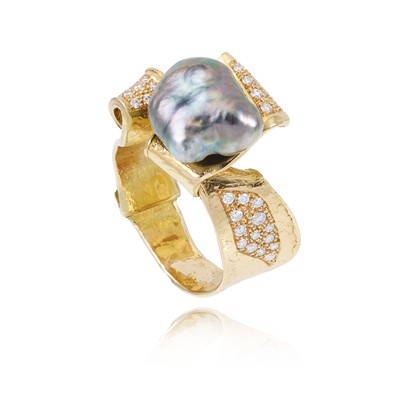 Lot 266 - Ken Bolan and Marinette Domon: a rose gold, Tahitian pearl and diamond 'Baroque' ring