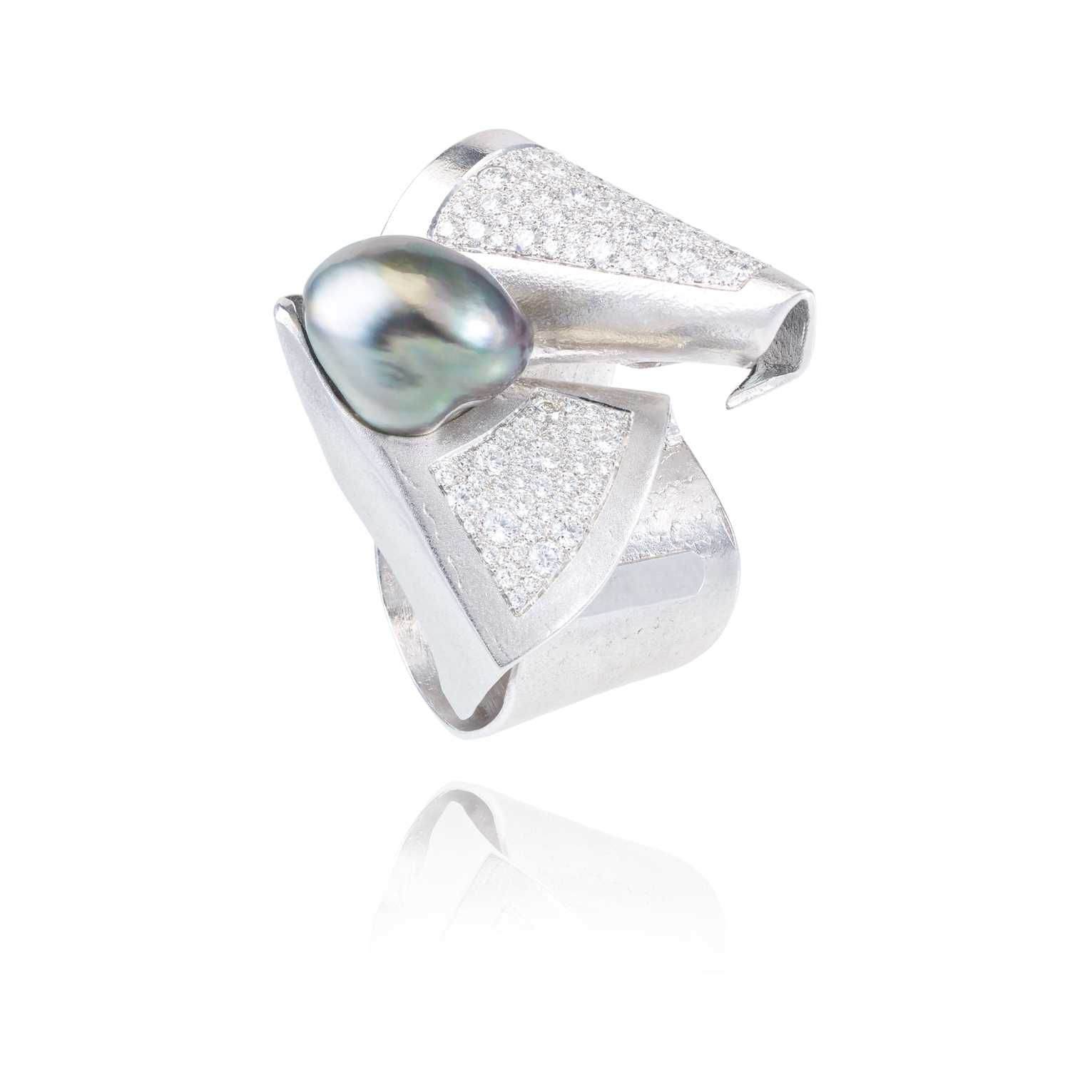 Lot 270 - Ken Bolan and Marinette Domon: a white gold Tahitian pearl and diamond 'Baroque' ring