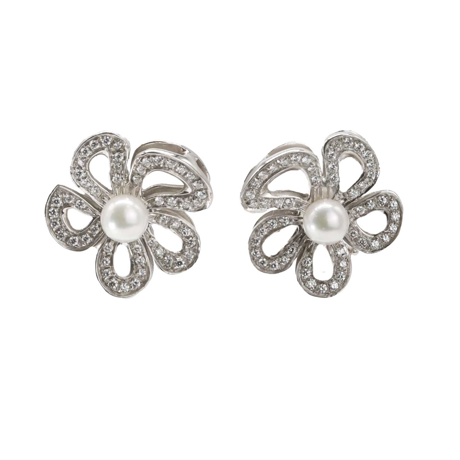 Lot 135 - A pair of 18ct white gold pearl and diamond earrings, by Mappin & Webb