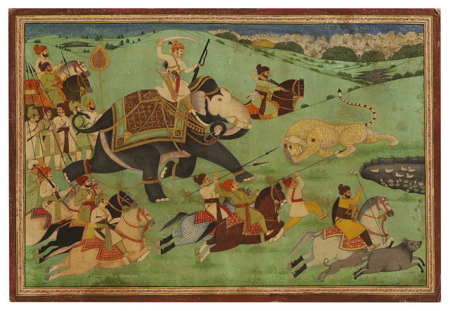 Lot 191 - A large Indian painting of a maharaja on a tiger hunt