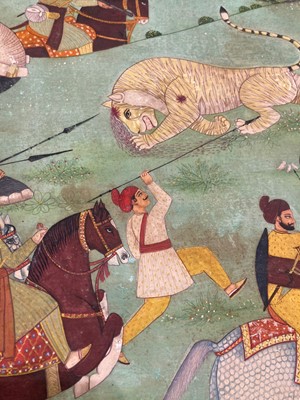 Lot 191 - A large Indian painting of a maharaja on a tiger hunt
