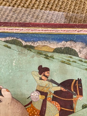 Lot 191 - A large Indian painting of a maharaja on a tiger hunt