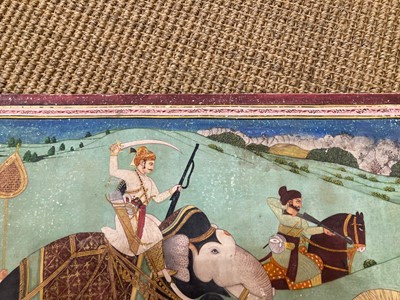 Lot 191 - A large Indian painting of a maharaja on a tiger hunt