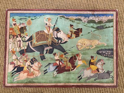 Lot 191 - A large Indian painting of a maharaja on a tiger hunt
