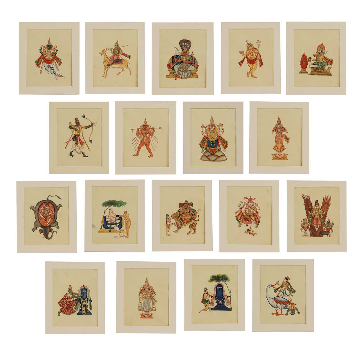 Lot 210 - A collection of eighteen Indian Company School painted deities