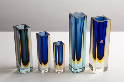 Lot 282 - Five Murano Sommerso cobalt and yellow glass vases