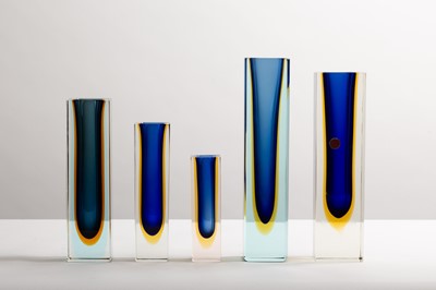 Lot 282 - Five Murano Sommerso cobalt and yellow glass vases