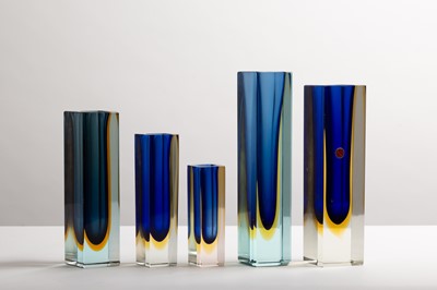 Lot 282 - Five Murano Sommerso cobalt and yellow glass vases
