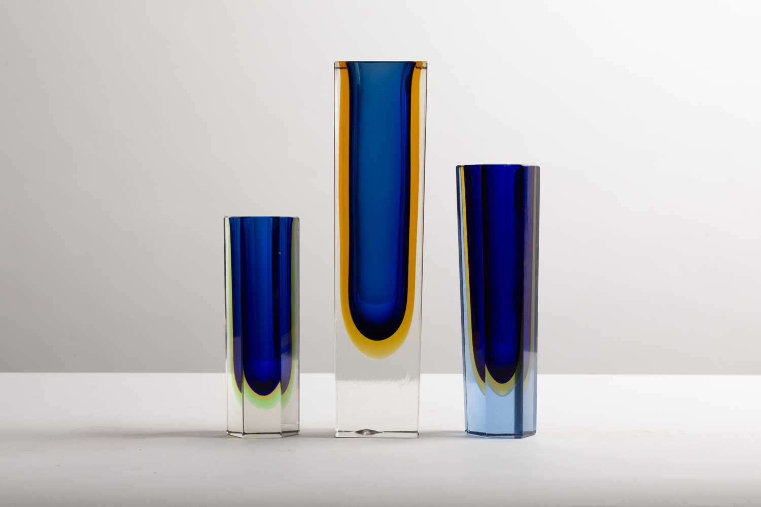 Lot 275 - Three Murano Sommerso cobalt and yellow glass vases