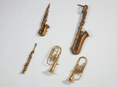 Lot 46 - Five brass and silvered musical instruments
