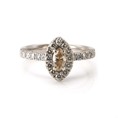 Lot 241 - A white gold diamond and colour diamond cluster ring