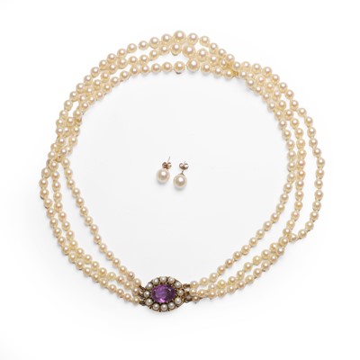 Lot 142 - A three row cultured pearl necklace and a pair of cultured pearl stud earrings
