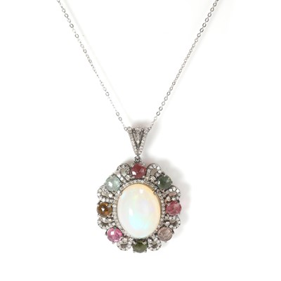 Lot 269 - An opal, tourmaline and diamond pendant