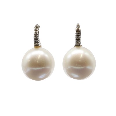 Lot 132 - A pair of cultured pearl and diamond earrings