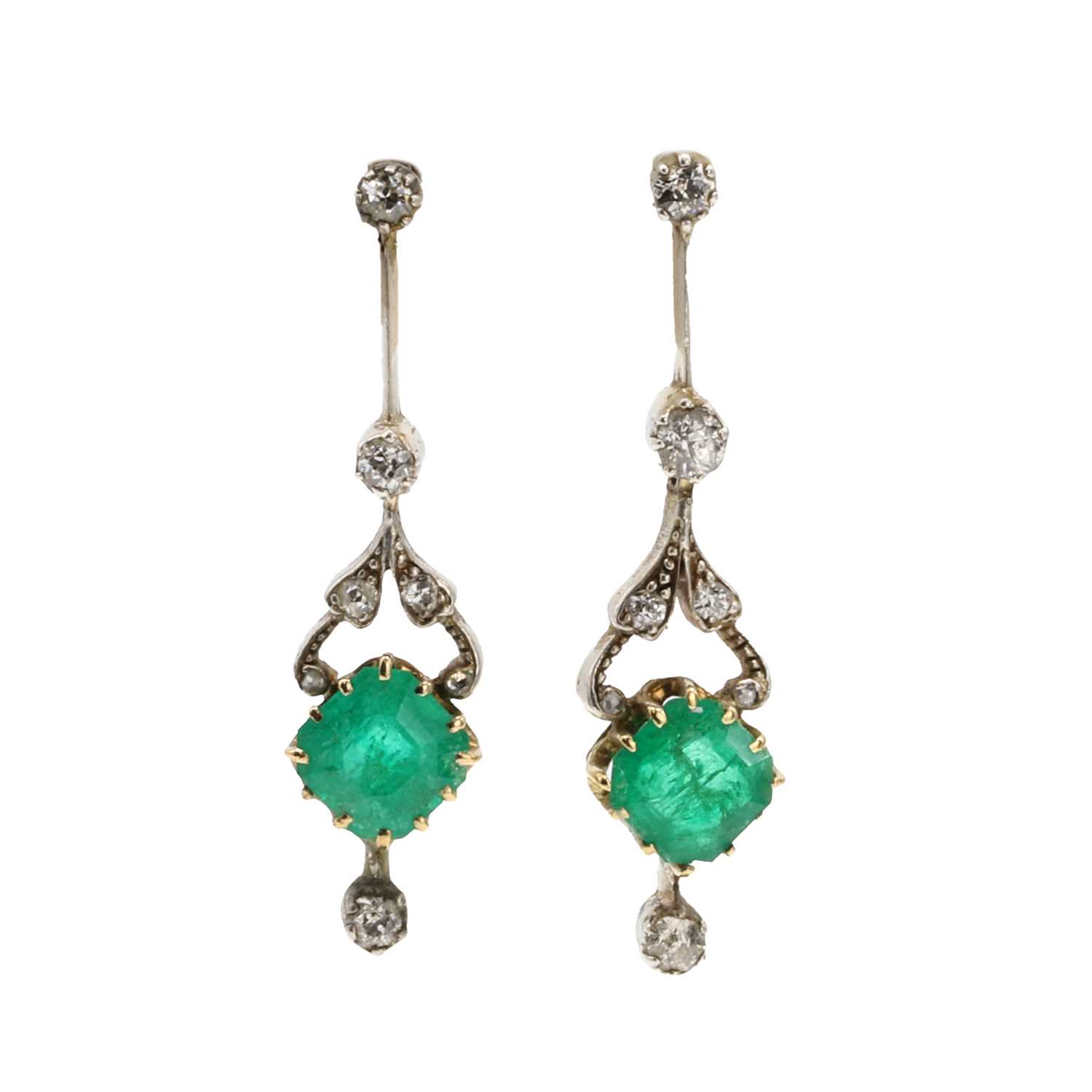 Lot 52 - A pair of Edwardian emerald and diamond drop earrings