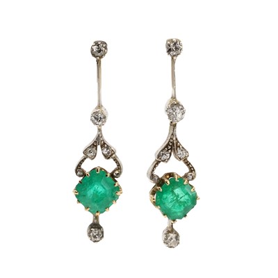 Lot 52 - A pair of Edwardian emerald and diamond drop earrings