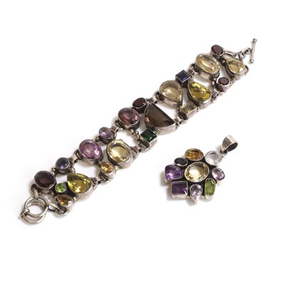 Lot 279 - A silver and multi-gem bracelet and pendant set