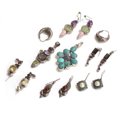 Lot 428 - A group of silver multi-gem earrings and two pendants