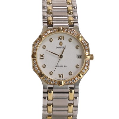 Lot 578 - A stainless steel and gold, diamond set Concord Saratoga bracelet watch
