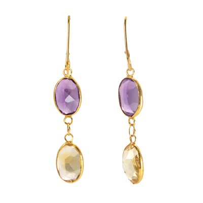 Lot 109 - A pair of amethyst and citrine drop earrings