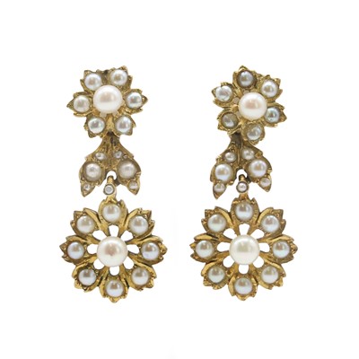 Lot 12 - A pair of split pearl floral drop earrings