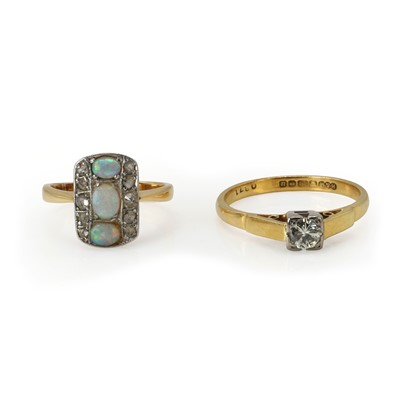 Lot 314 - An opal and diamond ring and an 18ct gold single stone diamond ring